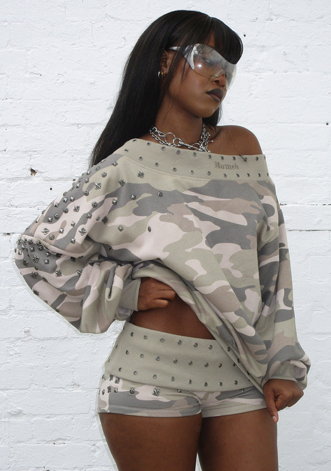 MIDNIGHT STUDDED OFF THE SHOULDER SWEATER CAMO-Coordom
