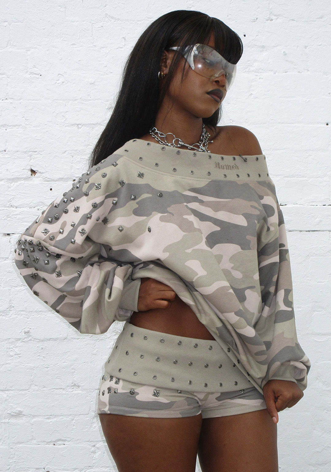 MIDNIGHT STUDDED OFF THE SHOULDER SWEATER CAMO-Coordom