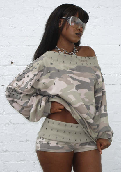 MIDNIGHT STUDDED OFF THE SHOULDER SWEATER CAMO-Coordom