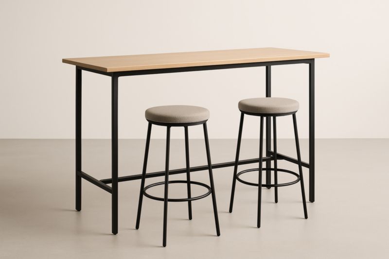 Table haute bois métal avec 2 tabourets ronds tissu polyester