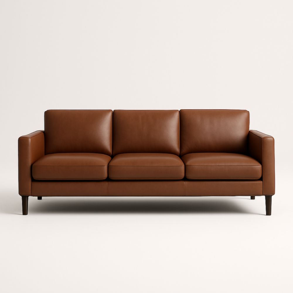 Canapé en cuir marron 3 places avec pieds en bois