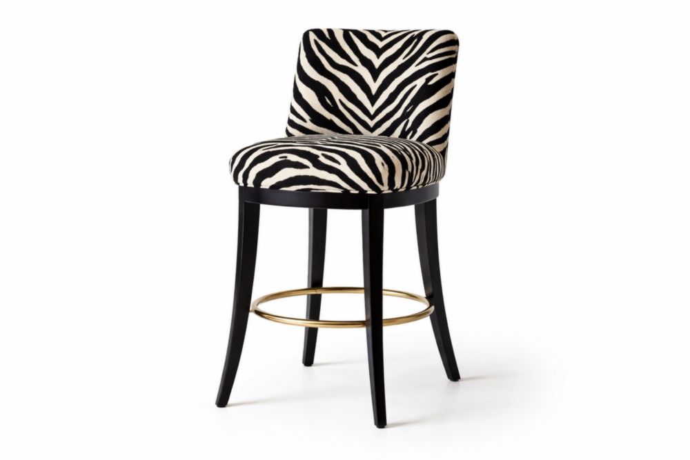 Tabouret de bar en chêne et acier avec assise en tissu polyester zébré
