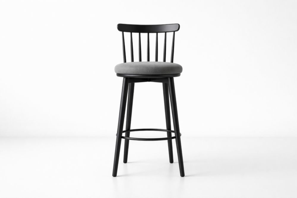 Chaise haute de bar en bois de hêtre noir avec siège rembourré gris