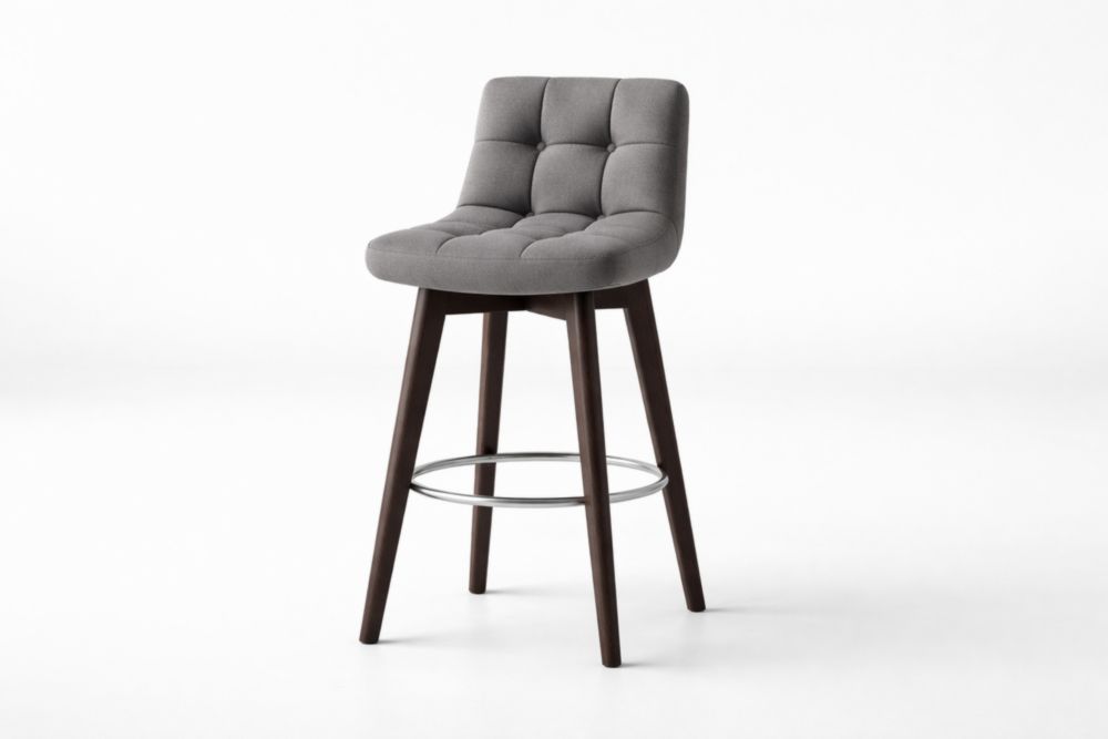 Chaise de bar pivotante en tissu polyester gris et bois de chêne sombre