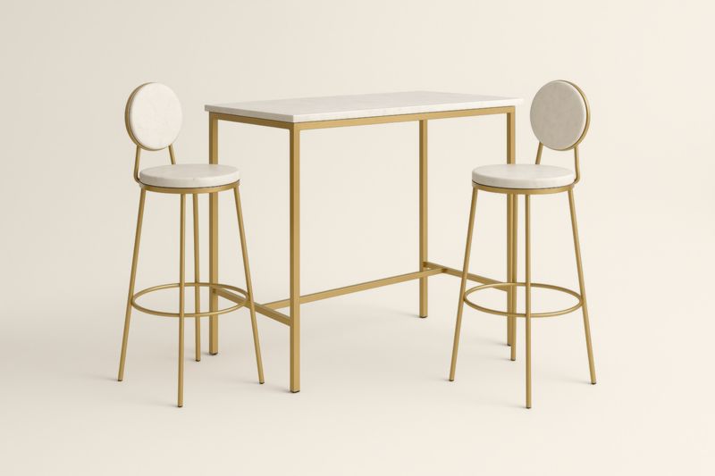Table haute et tabourets en similicuir blanc avec cadre métallique doré