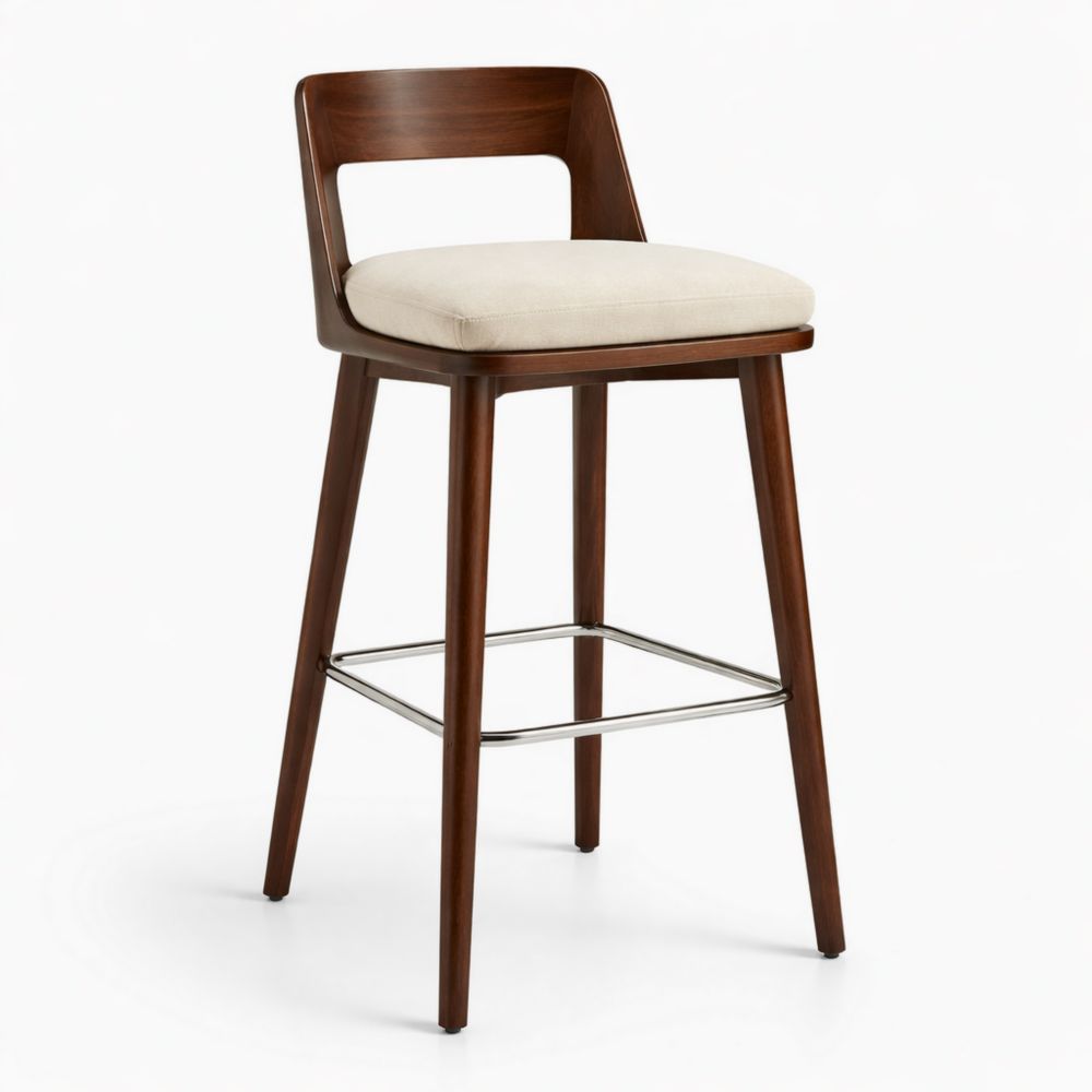 Tabouret de Bar en Bois avec Coussin Beige et Repose-pied en Métal 76 cm