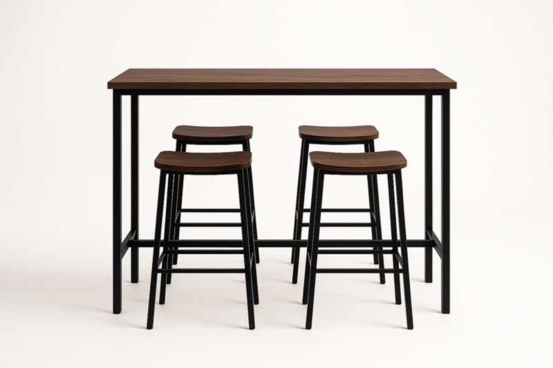 Ensemble table haute rectangulaire et tabourets en bois et métal noir