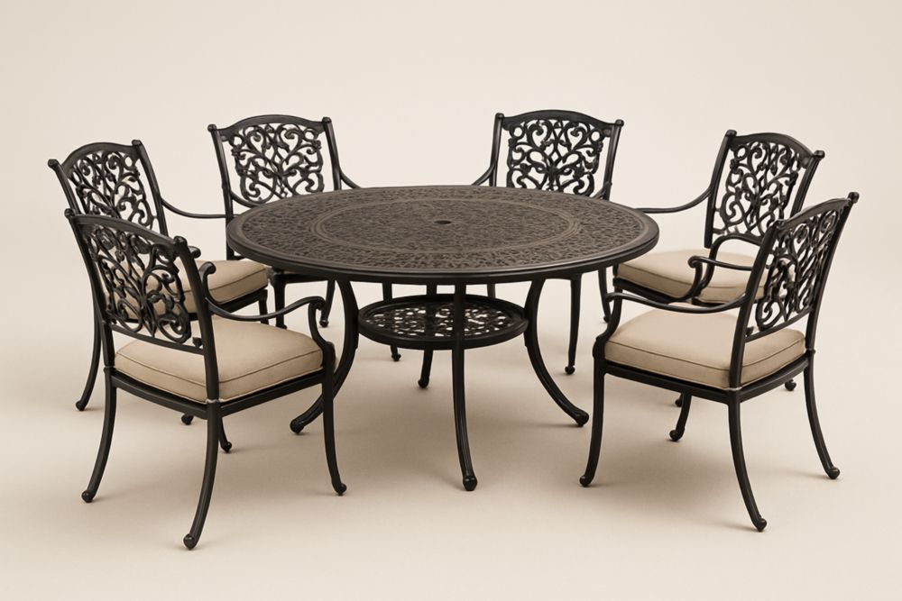 Ensemble table à manger de jardin ronde et 6 chaises en aluminium noir avec coussins beige