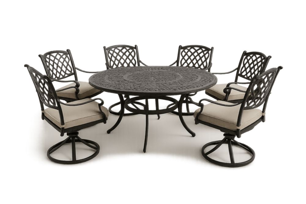 Ensemble table à manger de jardin en aluminium avec table ronde et 6 chaises avec coussins beiges
