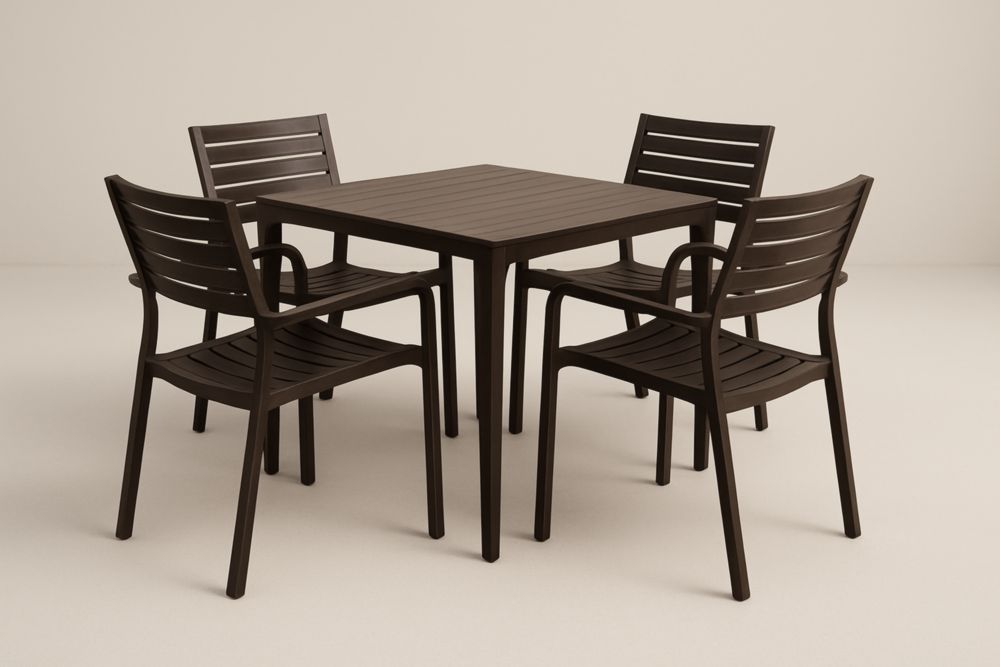Ensemble table à manger de jardin carrée en polypropylène brun avec 4 chaises