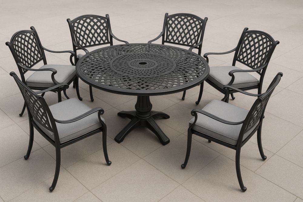 Ensemble table à manger de jardin en aluminium noir avec table ronde et 6 chaises avec coussins gris, 7 pièces
