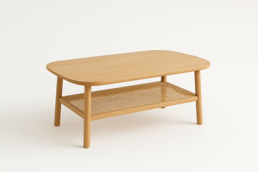 Table basse ovale en bois avec étagère en rotin 110x55x45 cm