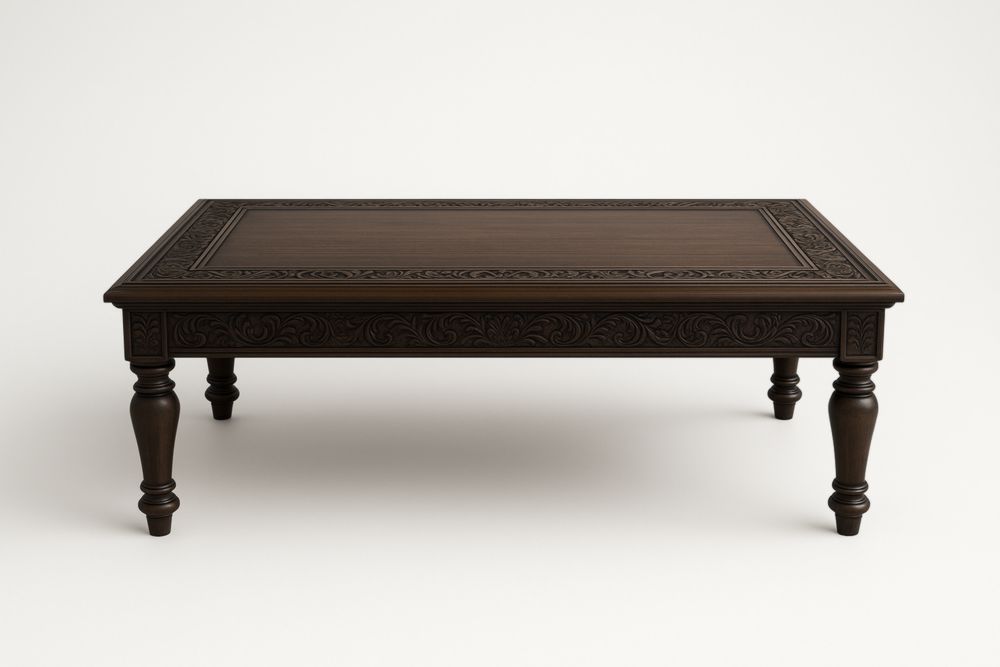 Table basse rectangulaire en bois massif gravé brun