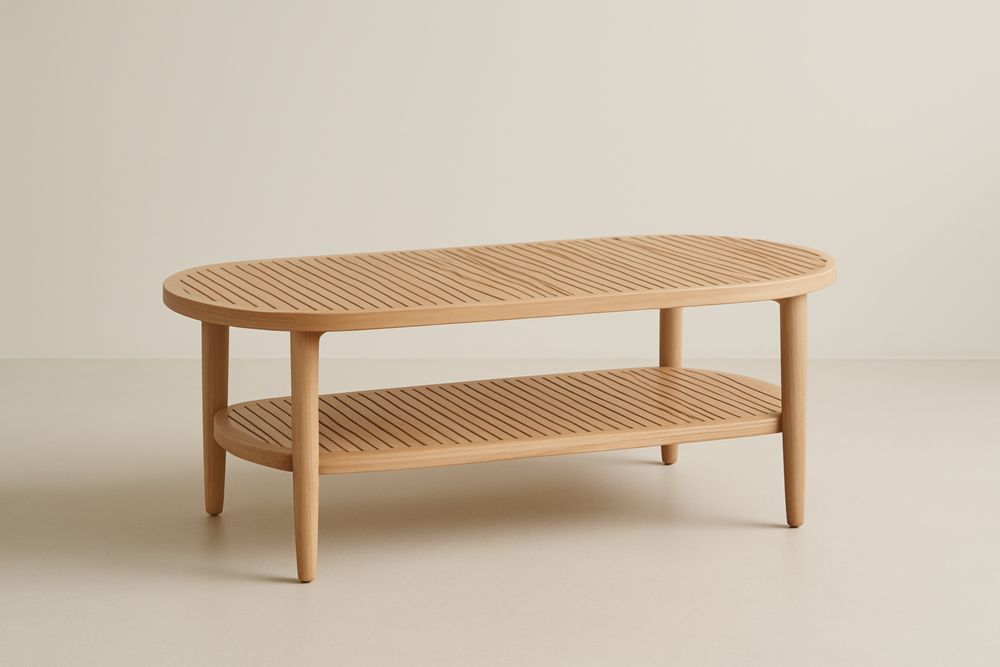 Table basse ovale en bois de chêne avec étagère