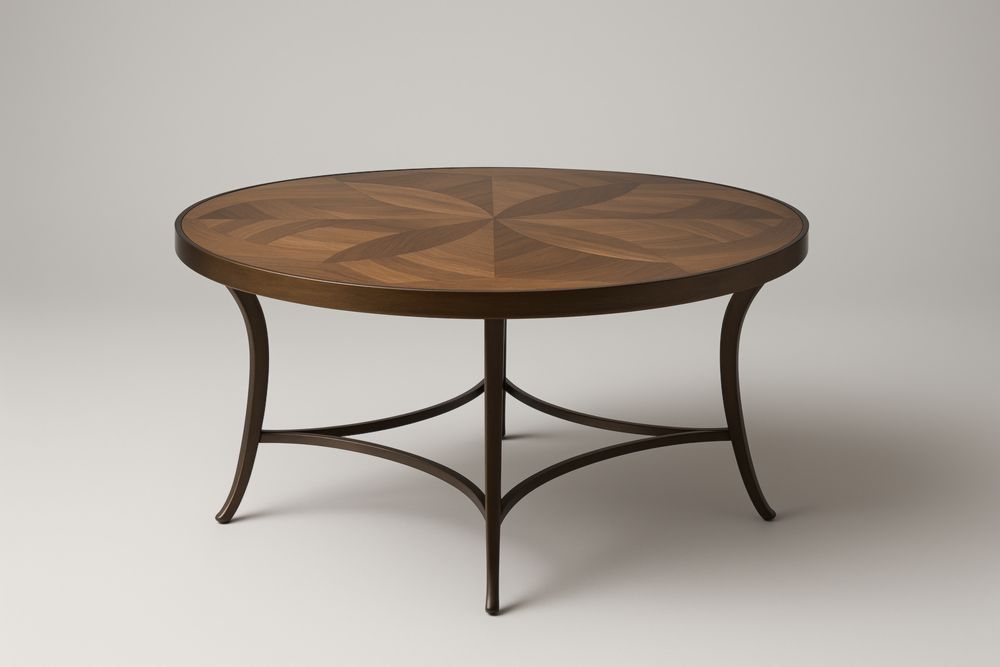 Table basse ronde avec plateau en placage bois et pieds en métal.