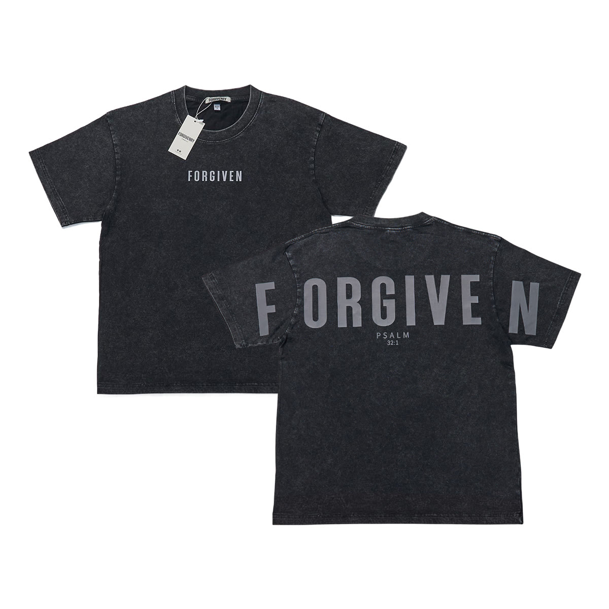 Unisex Forgiven Psalm 32:1 Print Acid Washed T-shirt - Black - US20-22(3XL) - image 1