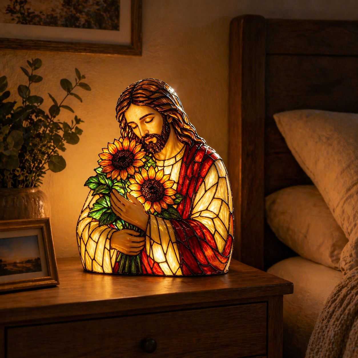 Jesus Sunflower Stained Glass Style Lamp – Christian Decorative Night Light