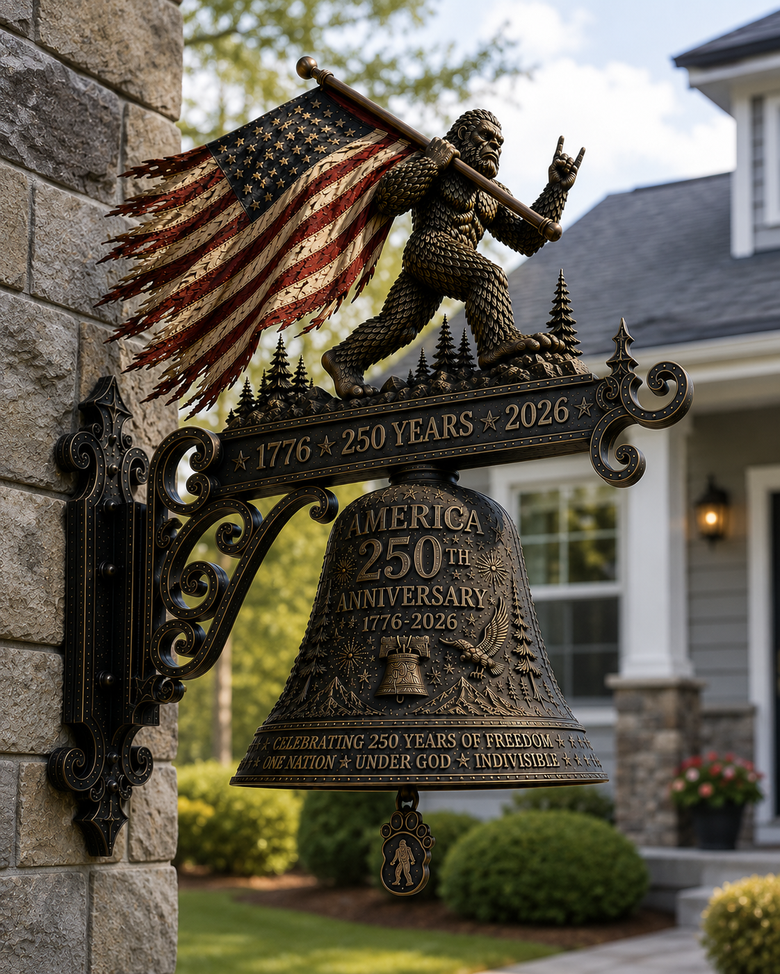 America 250th Anniversary Bigfoot Bell – Patriotic Sasquatch Freedom Wall Bell (1776–2026 Edition)