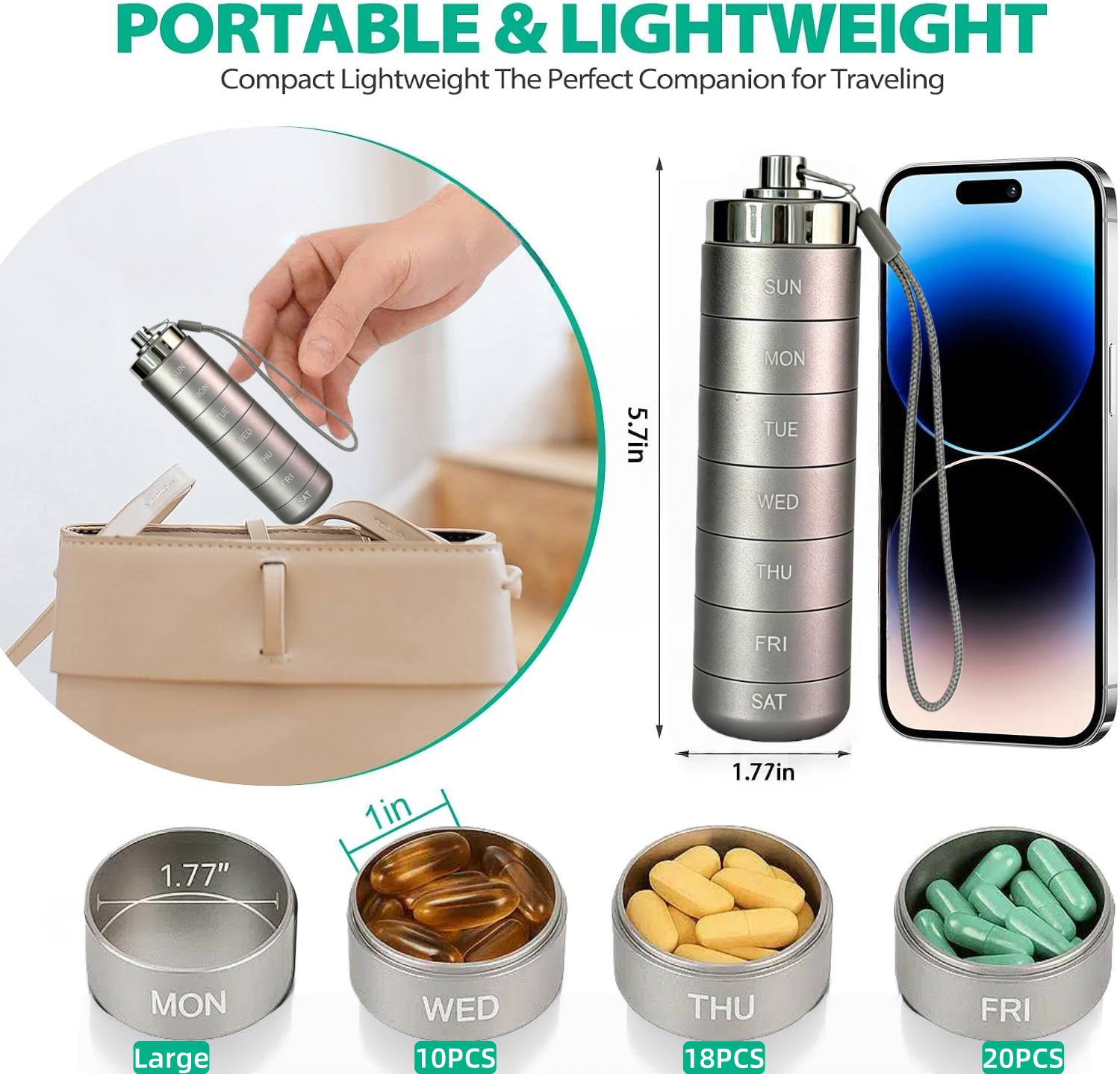 Metal Travel Pill Organizer, Portable Waterproof Weekly Pill Box, Large Aluminum Alloy Container, BPA Free 7 Day Daily Medicine Organizer Holder for Vitamin, Fish Oil, Supplement Storage box Metal Travel Pill Organizer, Portable Waterproof Weekly Pill Box, Large Aluminum Alloy Container, BPA Free 7 Day Daily Medicine Organizer Holder for Vitamin, Fish Oil, Supplement Storage box