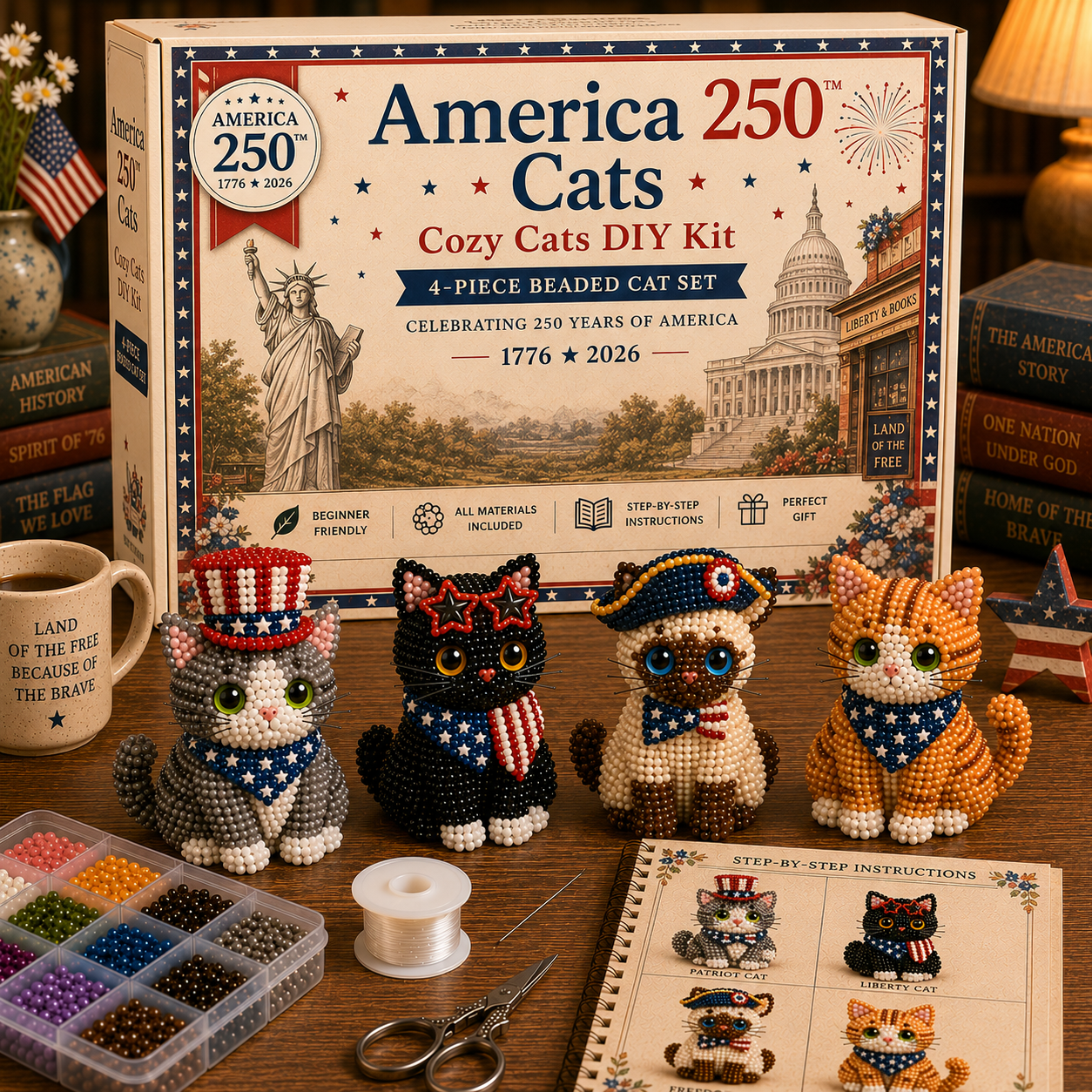 3D Beaded Cat DIY Kit – Adorable 4-Piece Handmade Cat Craft Set