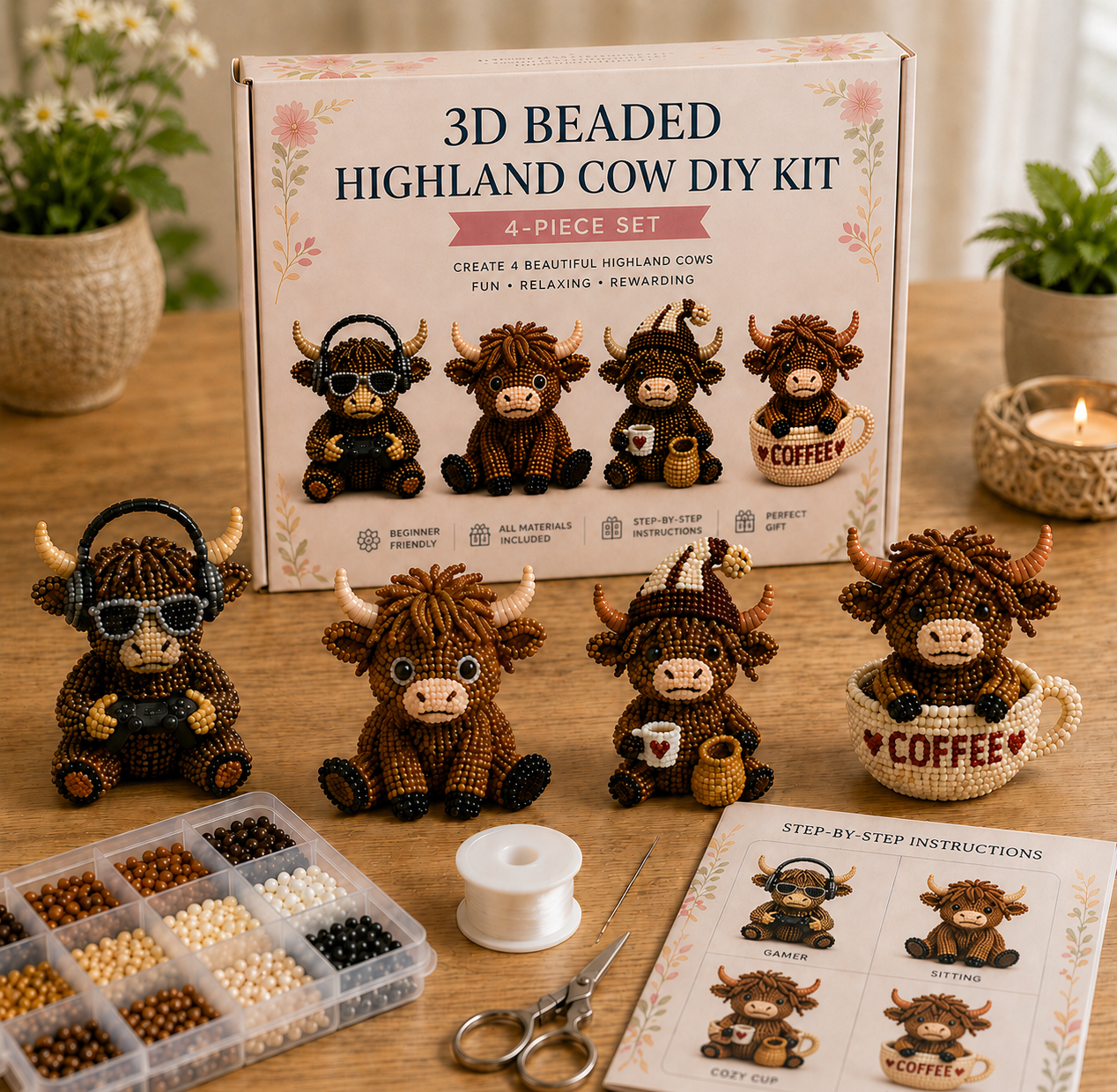 3D Highland Cow DIY Bead Kit – 8 Adorable Handmade Cow Designs Craft Set
