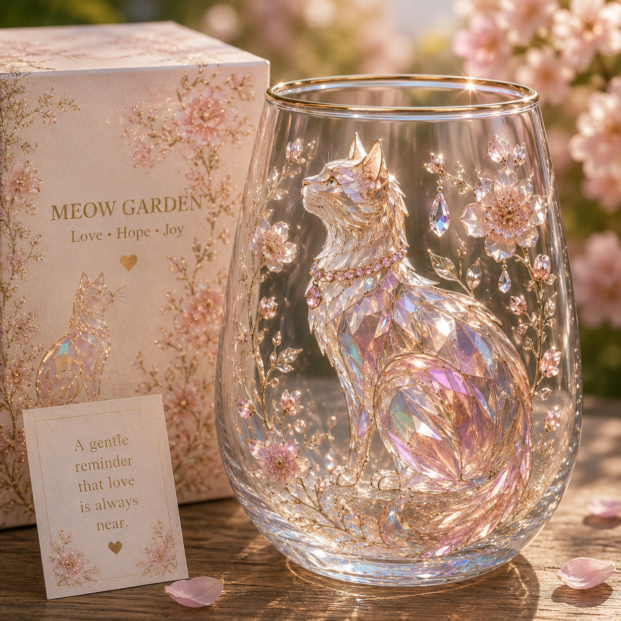 Meow Garden Crystal Cat Glass Tumbler – Luxury Floral Cat Art Cup Gift for Cat Lovers