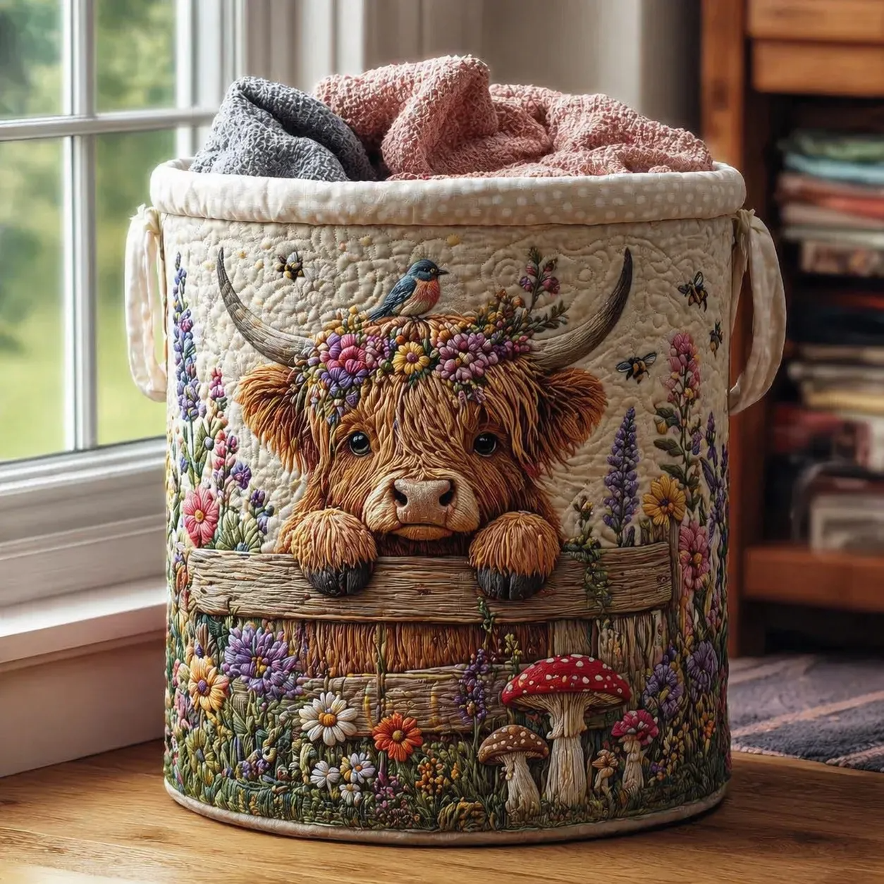 Highland Cow Embroidered Laundry Basket – Foldable Fabric Storage Hamper