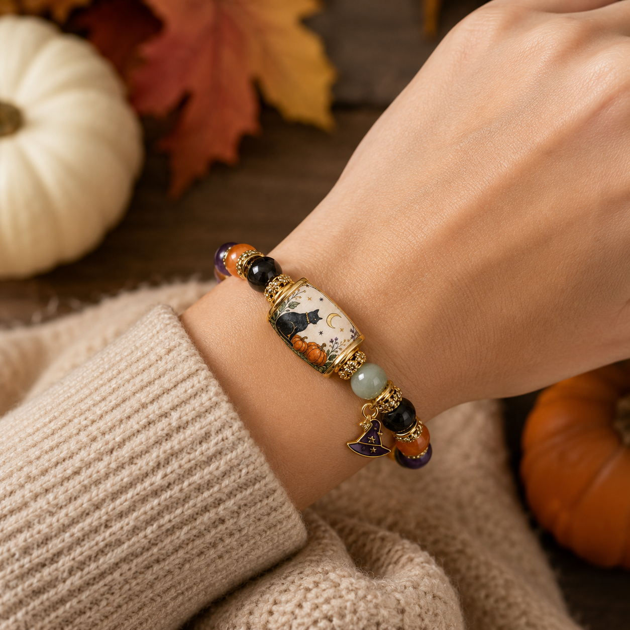 Limited Edition 2026 Halloween Black Cat Pumpkin Beaded Bracelet Gift Set