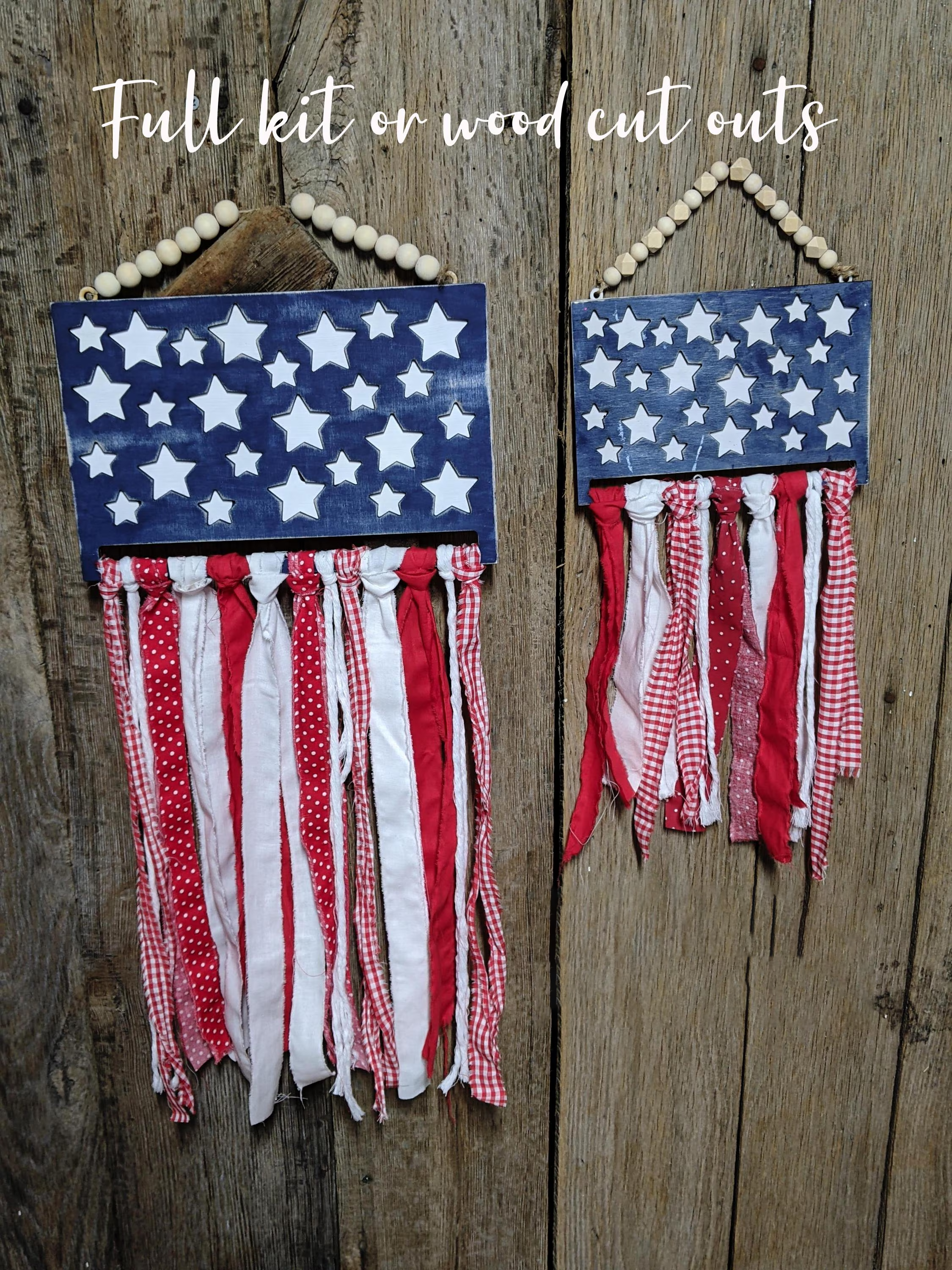 DIY Rag Flag Craft Kit: Wooden Cut Out, Patriotic Decor 4th of July 250 celebration