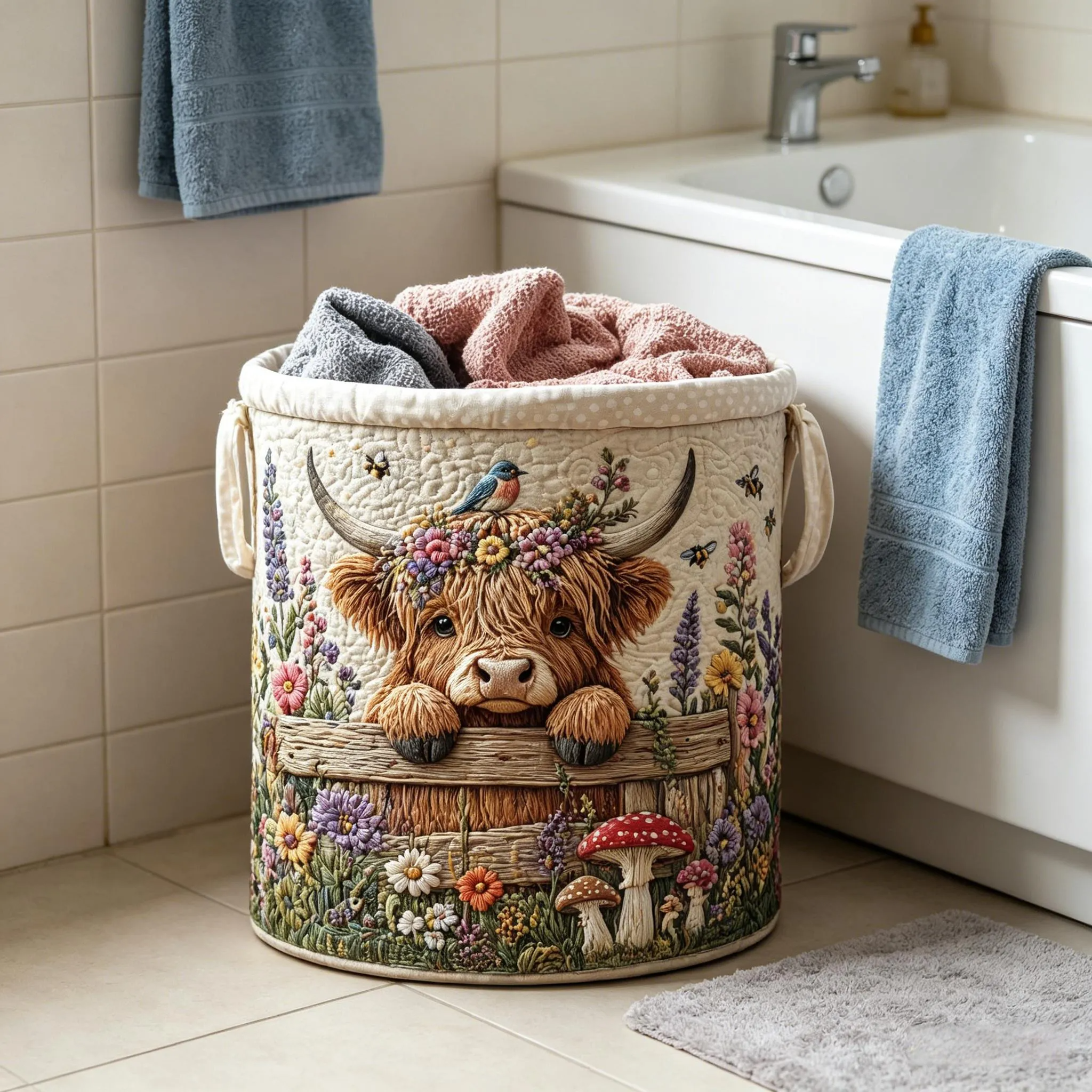 Highland Cow Embroidered Laundry Basket – Foldable Fabric Storage Hamper