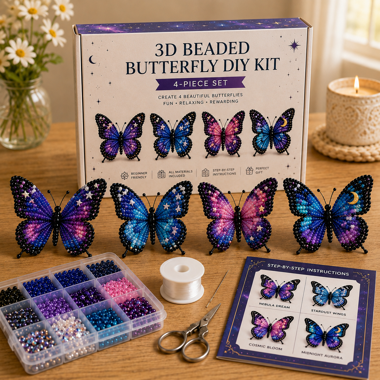 3D Beaded Butterfly DIY Kit – 4-Piece Handmade Butterfly Craft Set