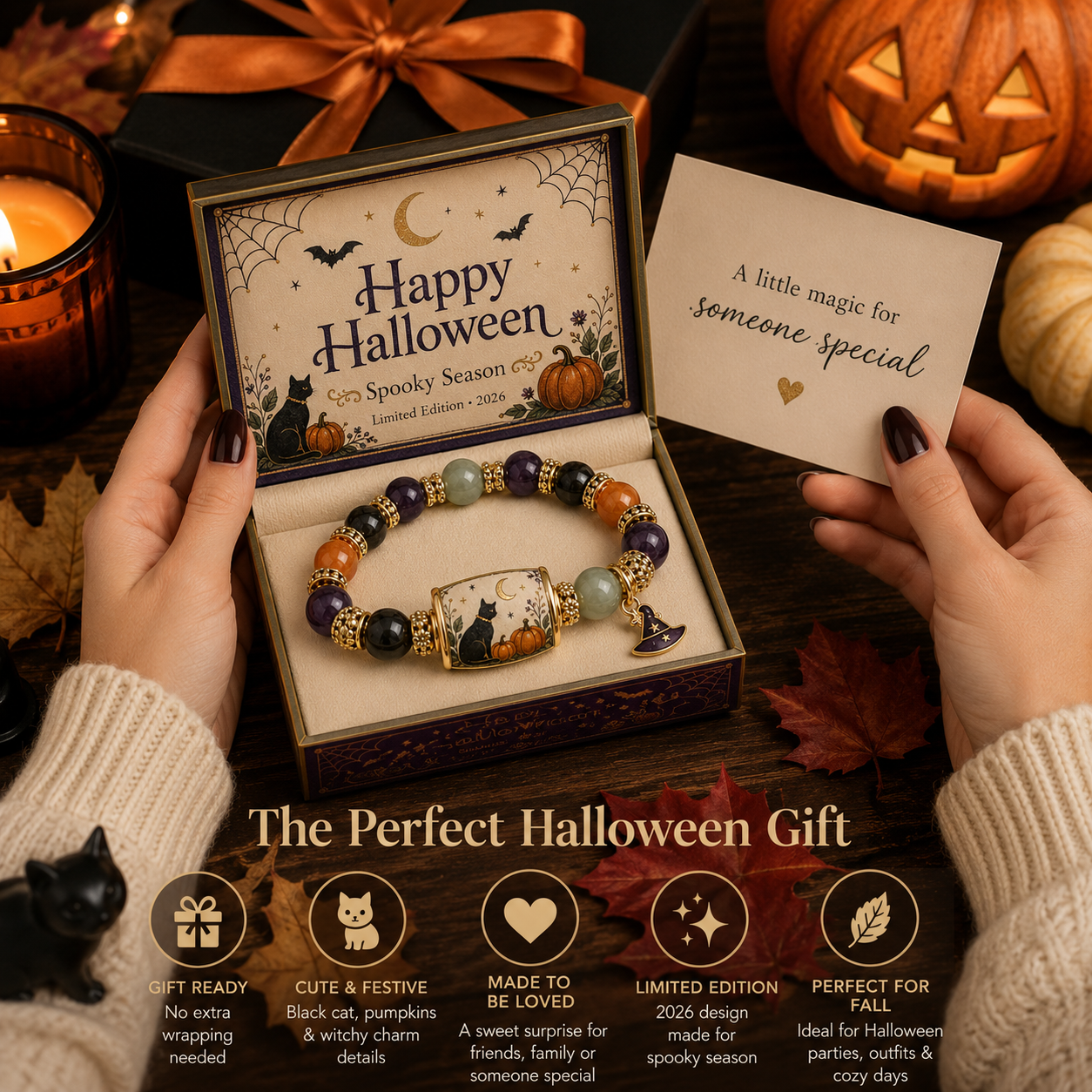 Limited Edition 2026 Halloween Black Cat Pumpkin Beaded Bracelet Gift Set