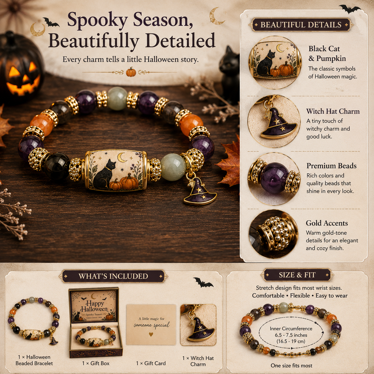 Limited Edition 2026 Halloween Black Cat Pumpkin Beaded Bracelet Gift Set