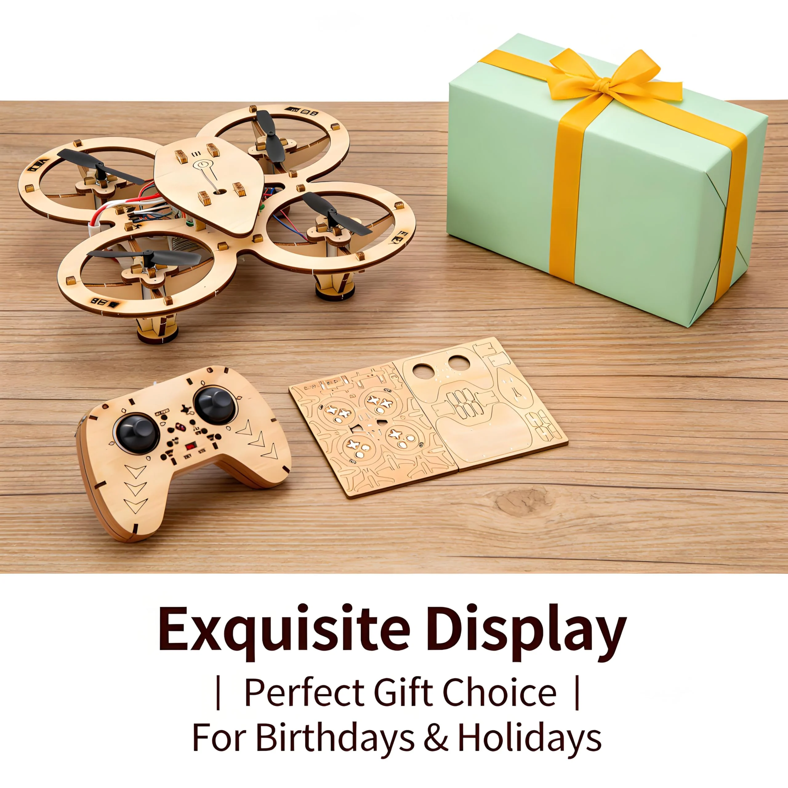 🔥Top Gift 2026 🎁 DIY Wooden Drone Assembly Kit, 2.4GHz RC Quadcopter with 360° Flip, Emergency Stop & Beginner Friendly Controls, STEM Building Toy for Teens & Adults
