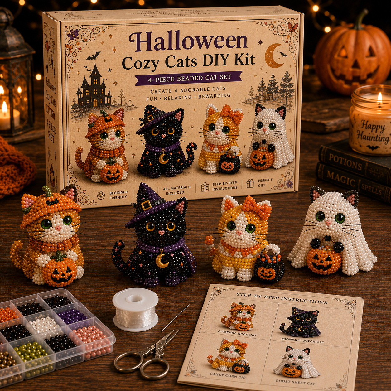 3D Beaded Cat DIY Kit – Adorable 4-Piece Handmade Cat Craft Set