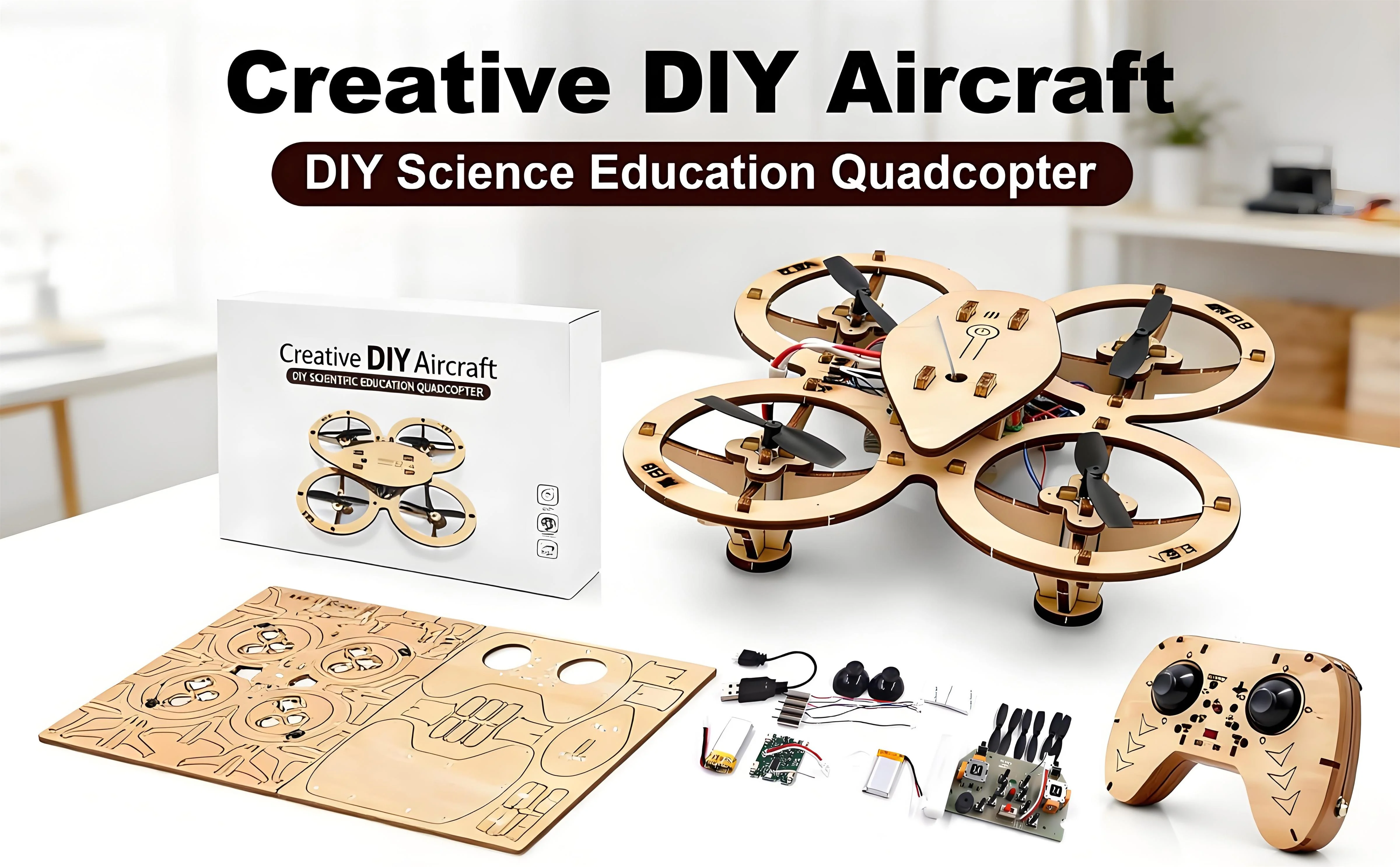 🔥Top Gift 2026 🎁 DIY Wooden Drone Assembly Kit, 2.4GHz RC Quadcopter with 360° Flip, Emergency Stop & Beginner Friendly Controls, STEM Building Toy for Teens & Adults