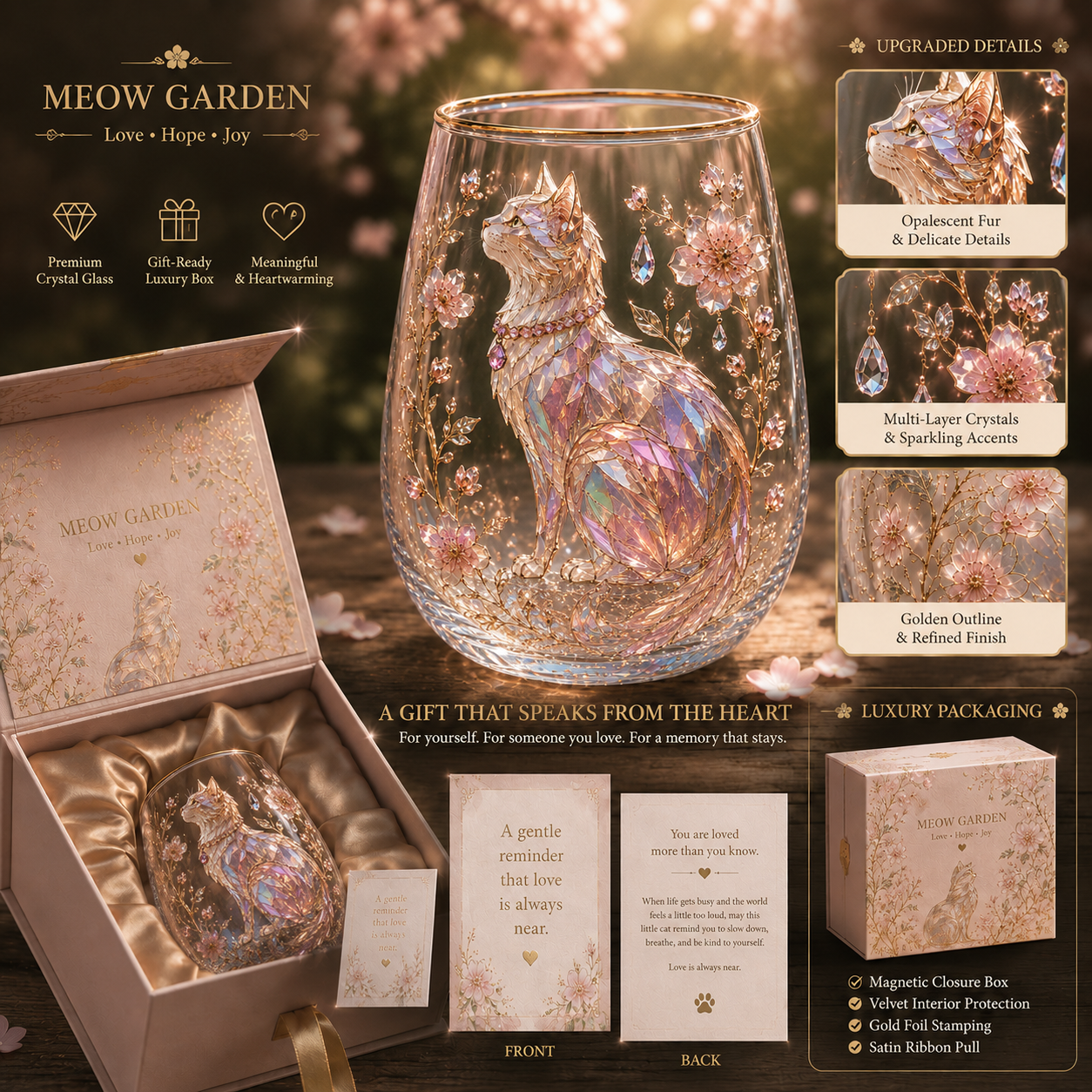 Meow Garden Crystal Cat Glass Tumbler – Luxury Floral Cat Art Cup Gift for Cat Lovers