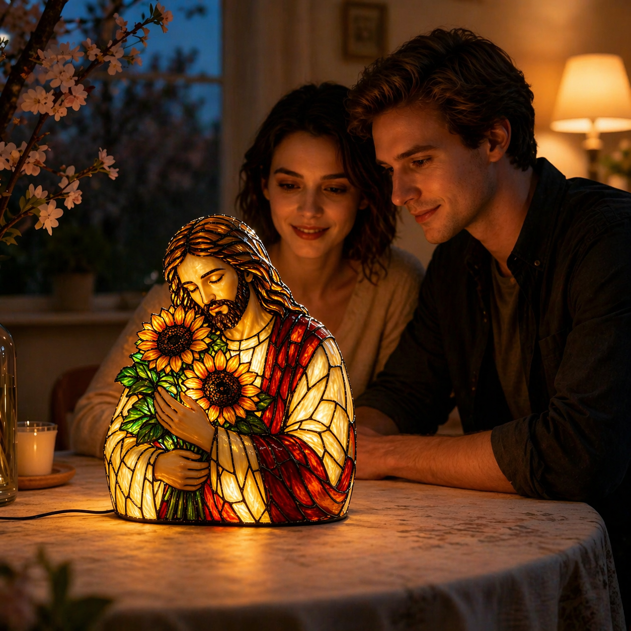 Jesus Sunflower Stained Glass Style Lamp – Christian Decorative Night Light