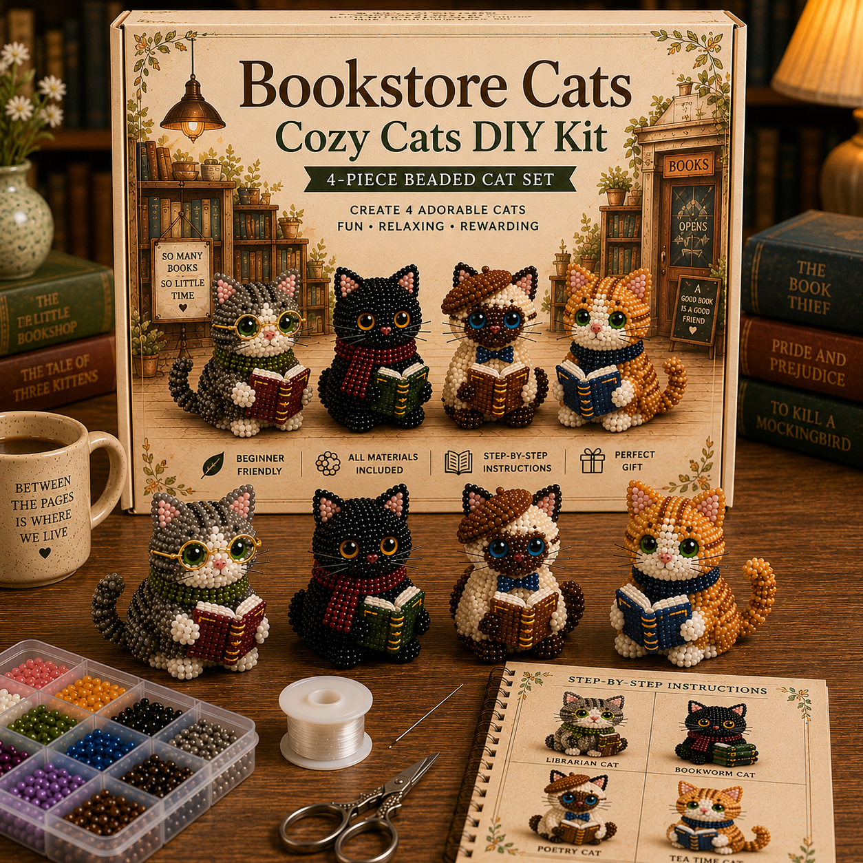 3D Beaded Cat DIY Kit – Adorable 4-Piece Handmade Cat Craft Set