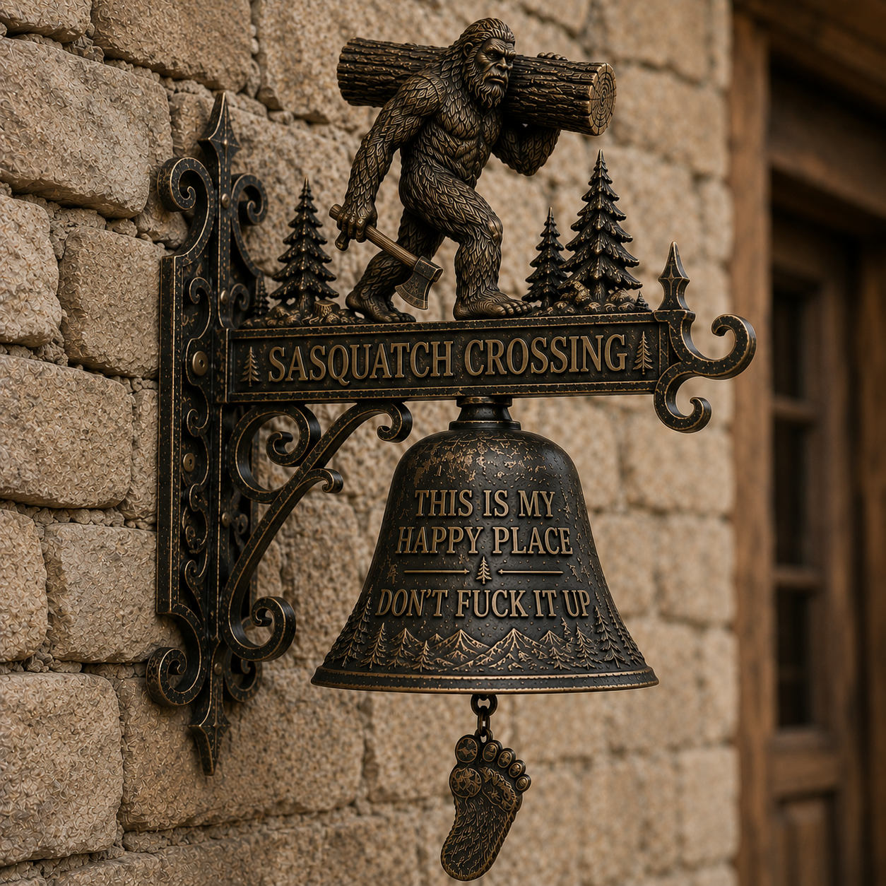 "Bigfoot Sighting" Outdoor Bell — "This Is My Happy Place" Rustic Wall Decor