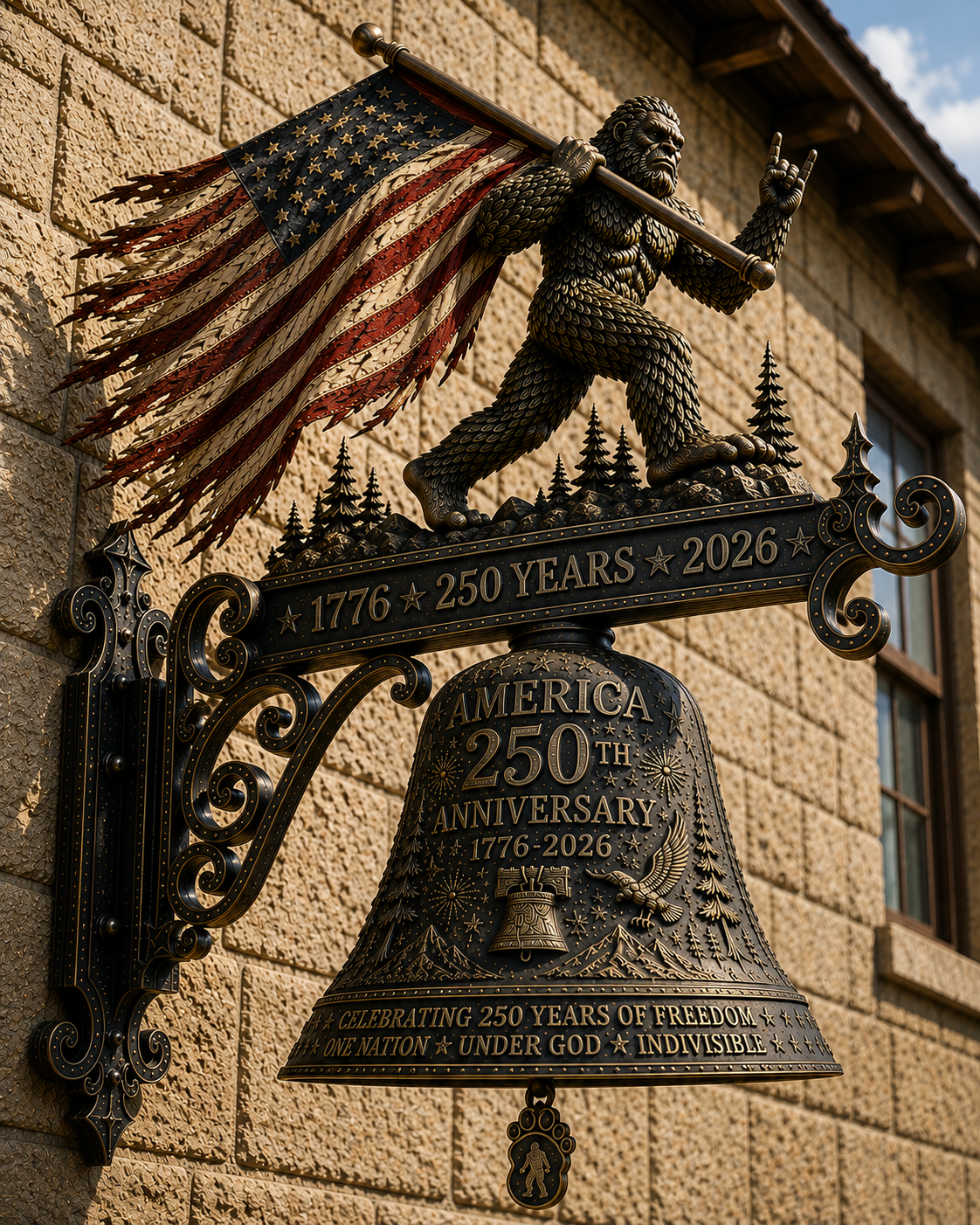 America 250th Anniversary Bigfoot Bell – Patriotic Sasquatch Freedom Wall Bell (1776–2026 Edition)