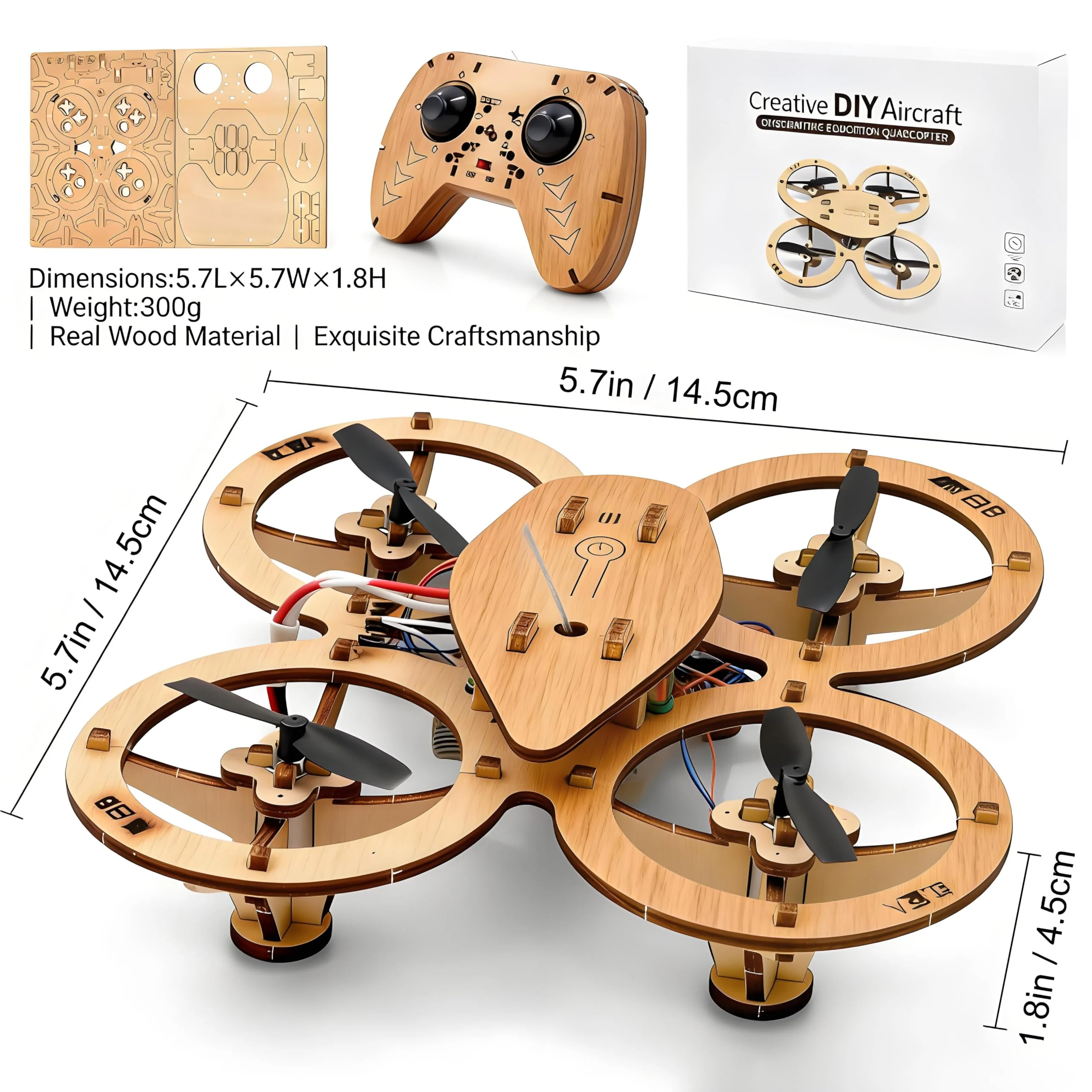 🔥Top Gift 2026 🎁 DIY Wooden Drone Assembly Kit, 2.4GHz RC Quadcopter with 360° Flip, Emergency Stop & Beginner Friendly Controls, STEM Building Toy for Teens & Adults