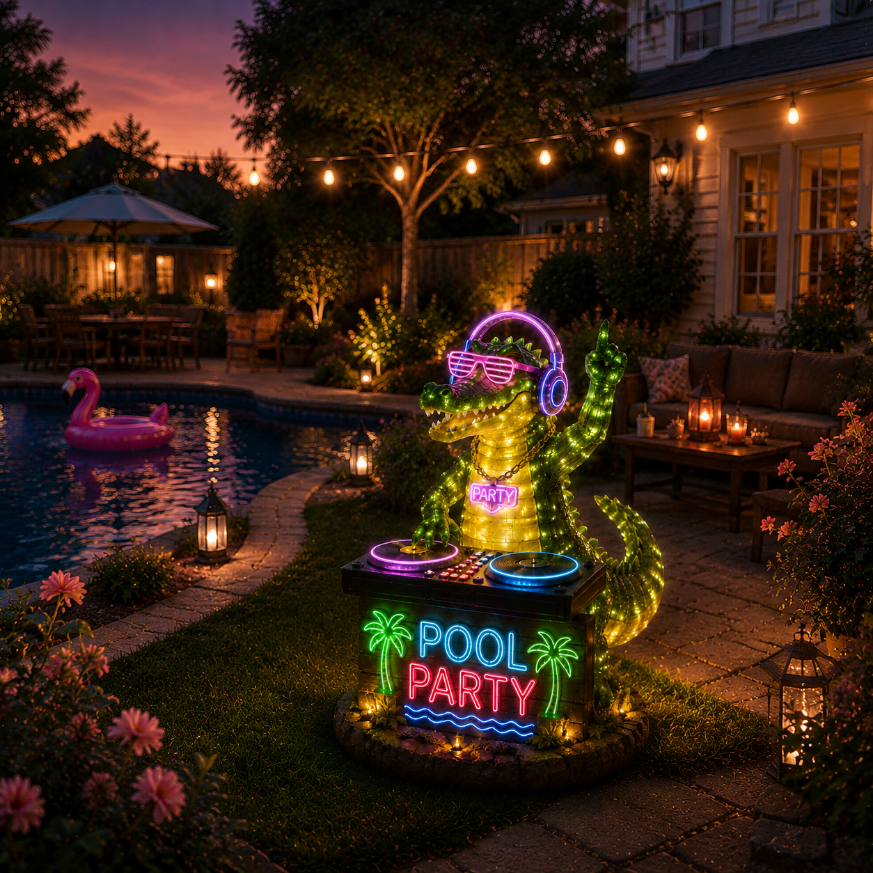 🐊Neon Pool Party DJ Crocodile Garden Light – Outdoor Party Sculpture with LED Glow Decor