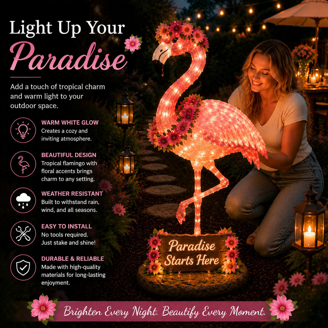 Flamingo Glow Garden Sculpture – Tropical Pink Light-Up Yard Decor for Backyard & Patio Nights