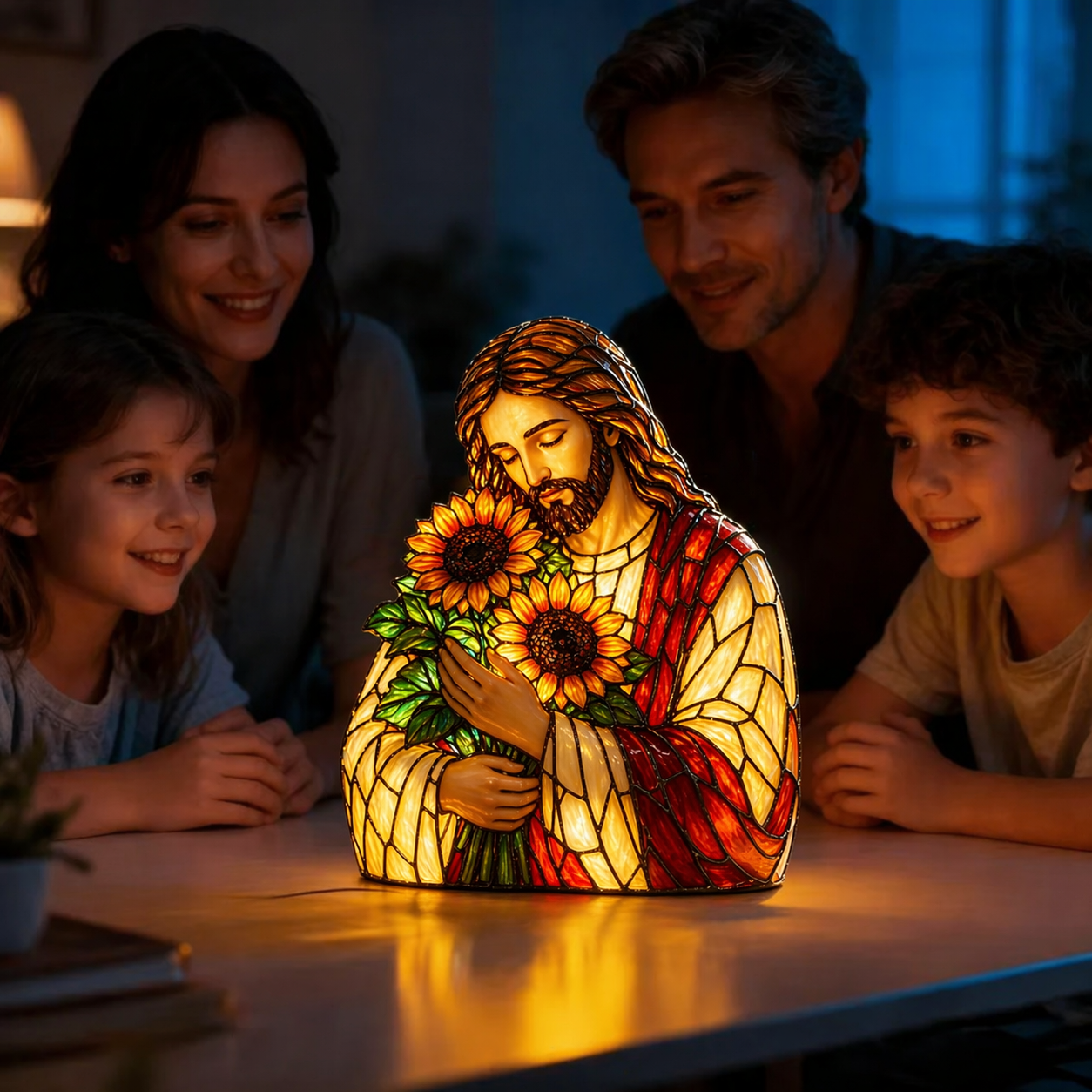 Jesus Sunflower Stained Glass Style Lamp – Christian Decorative Night Light