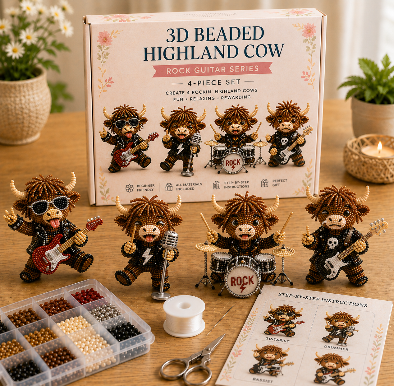 3D Highland Cow DIY Bead Kit – 8 Adorable Handmade Cow Designs Craft Set