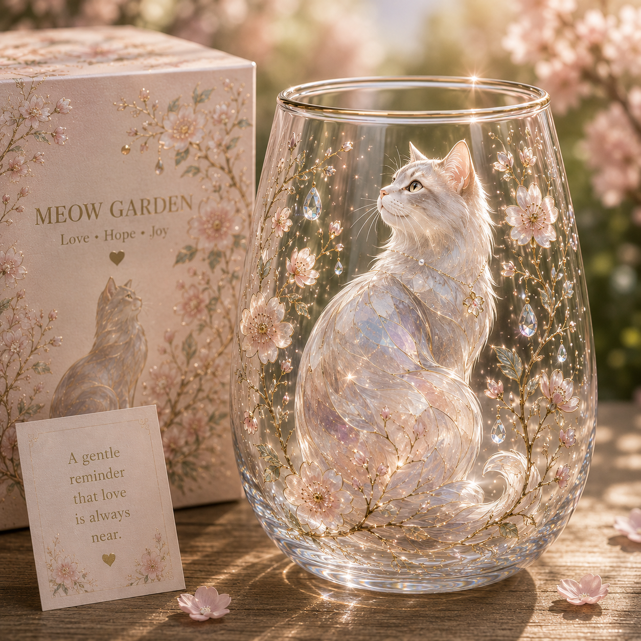 Meow Garden  Floral Cat Glass Cup Gift Set – Elegant Cat Lover Stemless Tumbler with Gift Box
