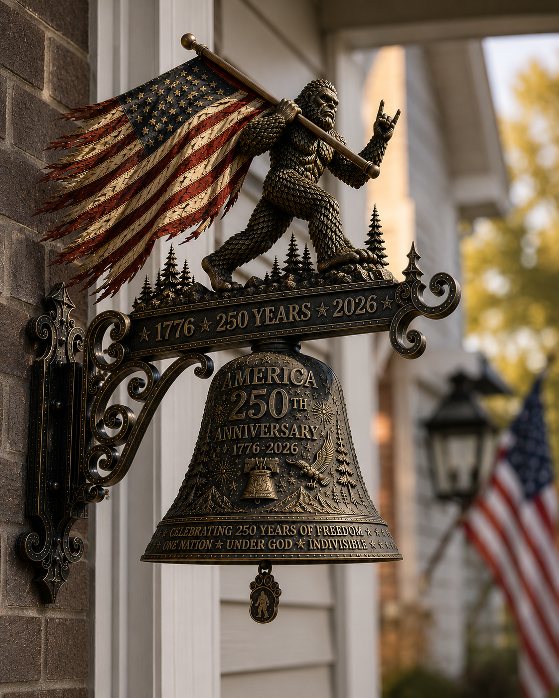 America 250th Anniversary Bigfoot Bell – Patriotic Sasquatch Freedom Wall Bell (1776–2026 Edition)