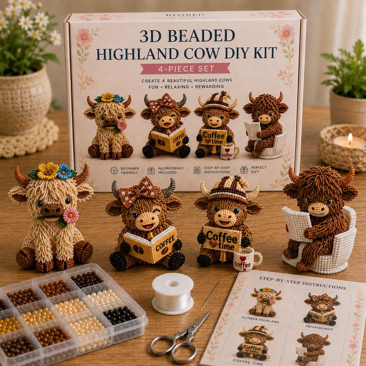 3D Highland Cow DIY Bead Kit – 8 Adorable Handmade Cow Designs Craft Set