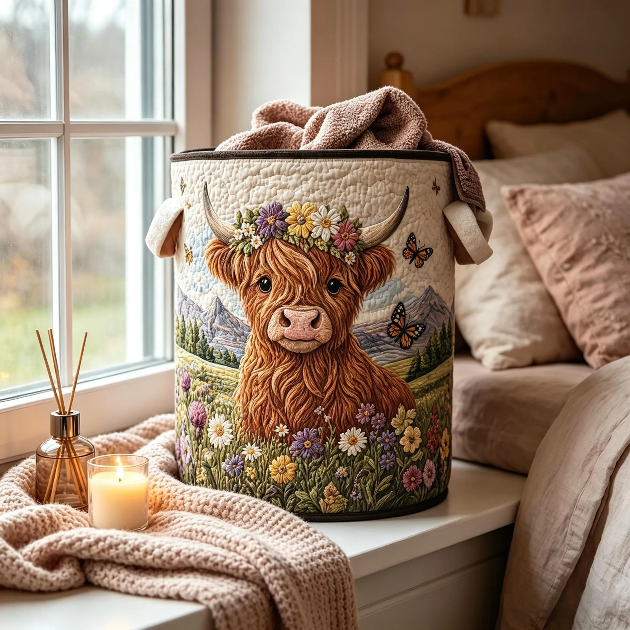 Highland Cow Embroidered Laundry Basket – Foldable Fabric Storage Hamper